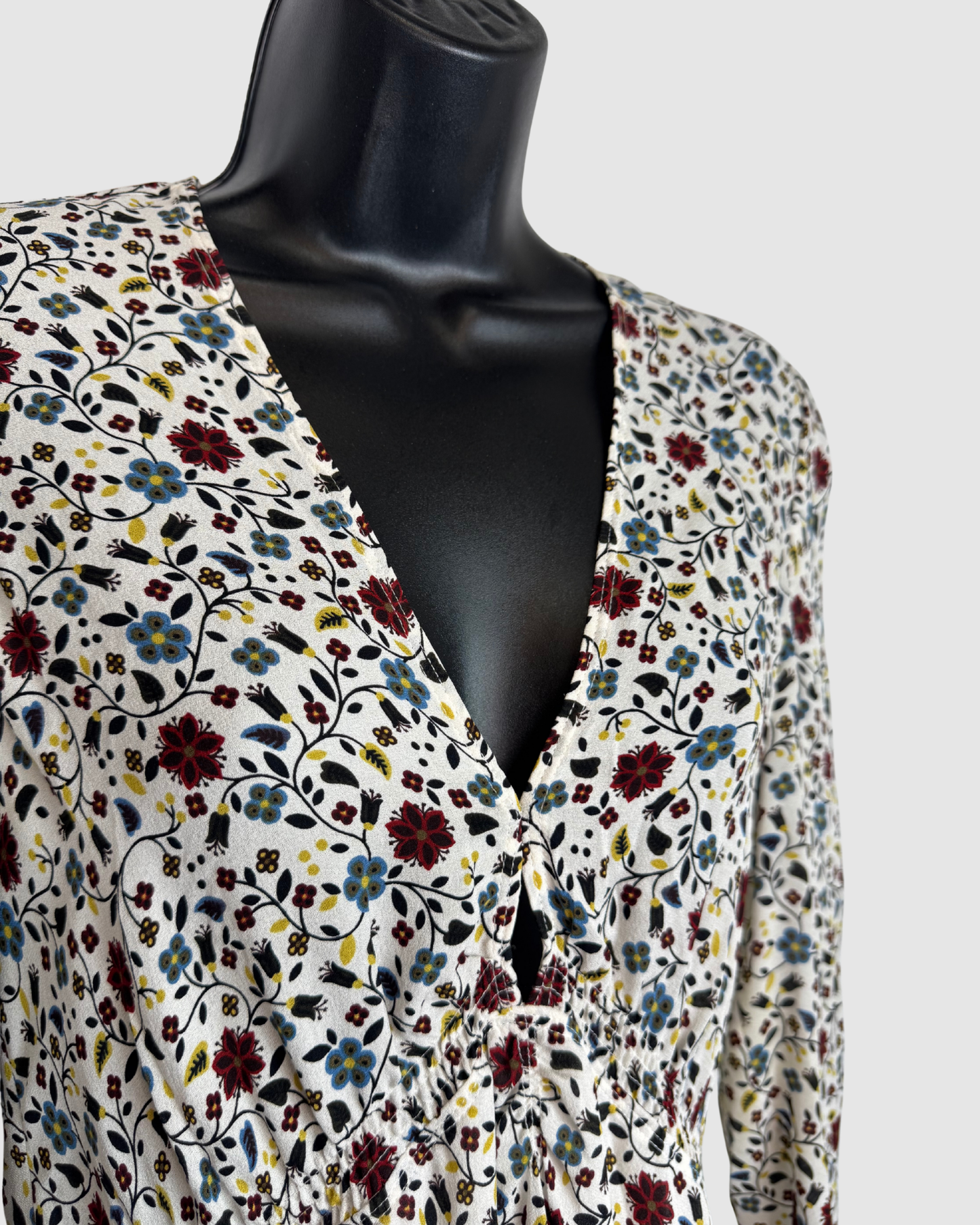 ALC Silk White Long Sleeve V-Neck Mini Dress w/ Red Blue & Yellow Floral Print