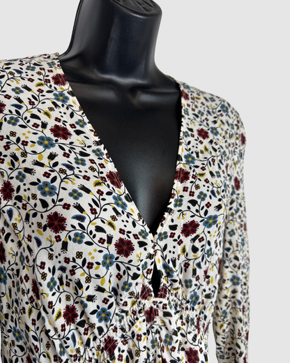 ALC Silk White Long Sleeve V-Neck Mini Dress w/ Red Blue & Yellow Floral Print