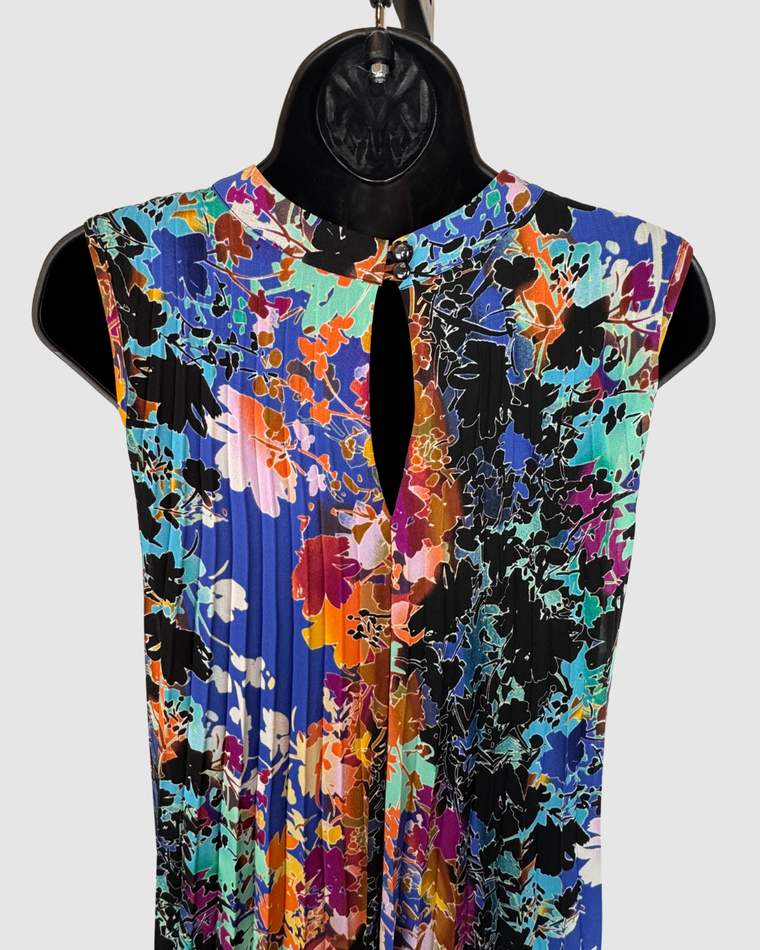 Nicole by Nicole Miller Black w/ Multi Colored Floral Sleeveless Pleated Knee-Length Dress