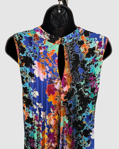 Nicole by Nicole Miller Black w/ Multi Colored Floral Sleeveless Pleated Knee-Length Dress