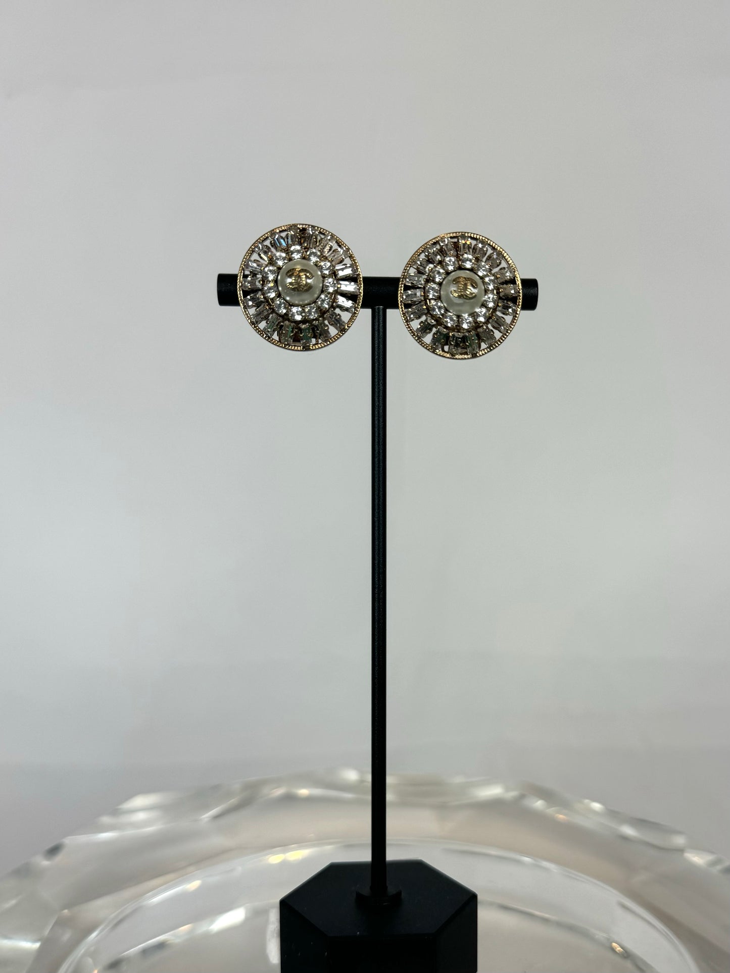 Chanel Gold Tiered Rhinestone Earrings w/ Faux Pearl Center & Double C Logo