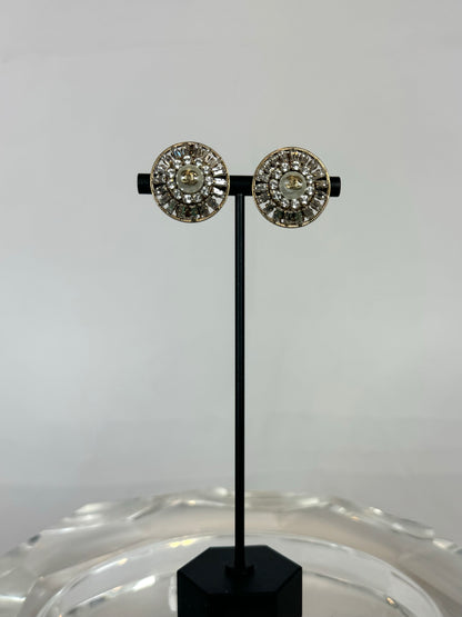 Chanel Gold Tiered Rhinestone Earrings w/ Faux Pearl Center & Double C Logo