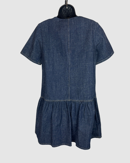 SUNO Dark Denim Short Sleeve Double Breasted 1/2 Zip Ruffle Hem Mini Dress