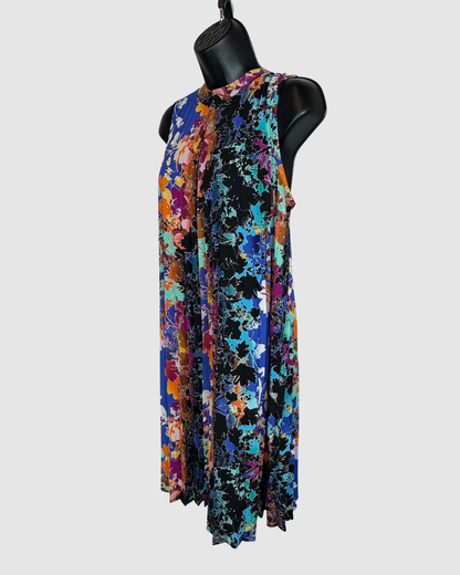 Nicole by Nicole Miller Black w/ Multi Colored Floral Sleeveless Pleated Knee-Length Dress