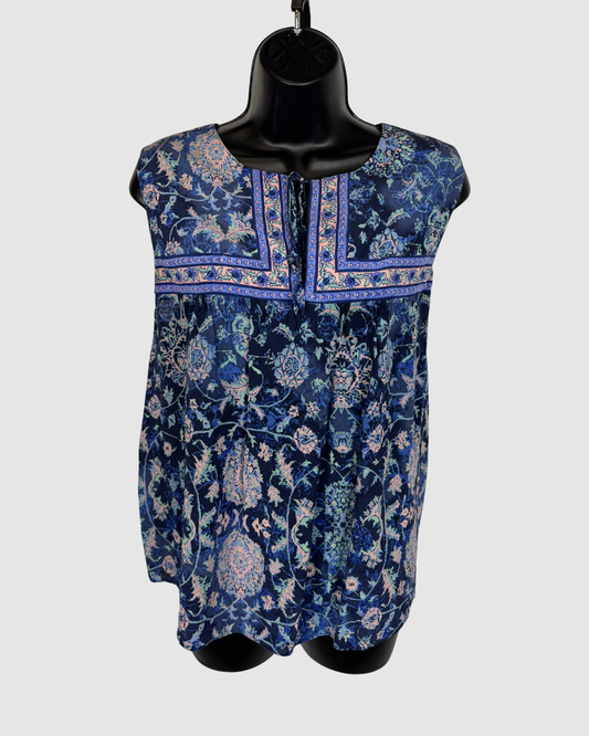 Rebecca Taylor Silk Blue & Purple Print Sleeveless Tie-Neck Blouse