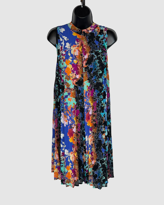 Nicole by Nicole Miller Black w/ Multi Colored Floral Sleeveless Pleated Knee-Length Dress