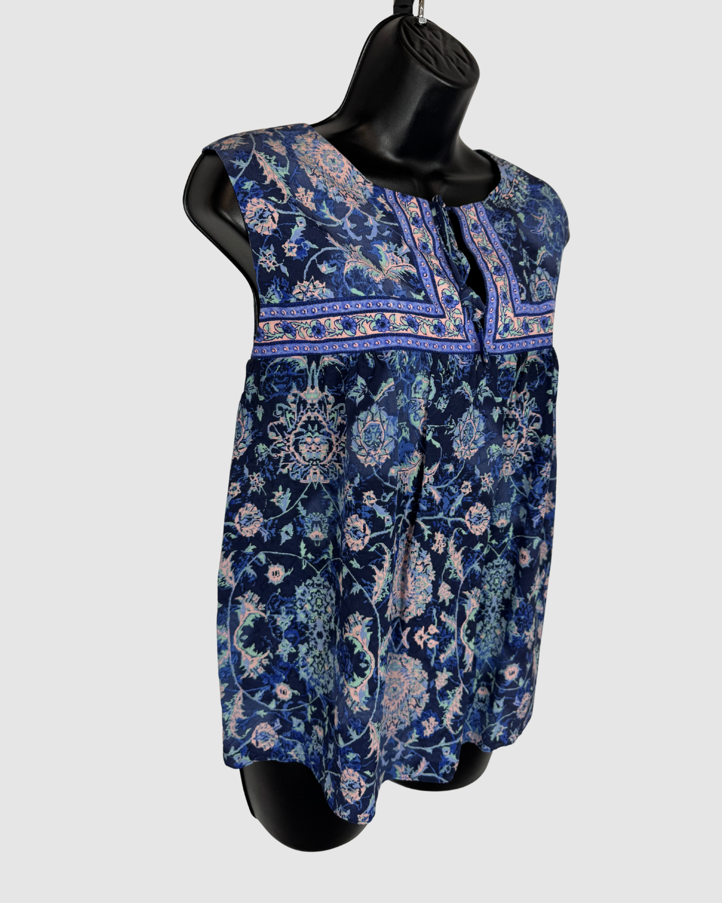Rebecca Taylor Silk Blue & Purple Print Sleeveless Tie-Neck Blouse
