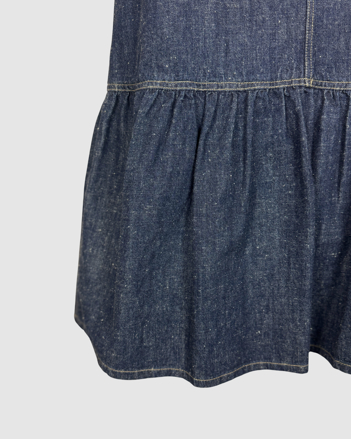 SUNO Dark Denim Short Sleeve Double Breasted 1/2 Zip Ruffle Hem Mini Dress