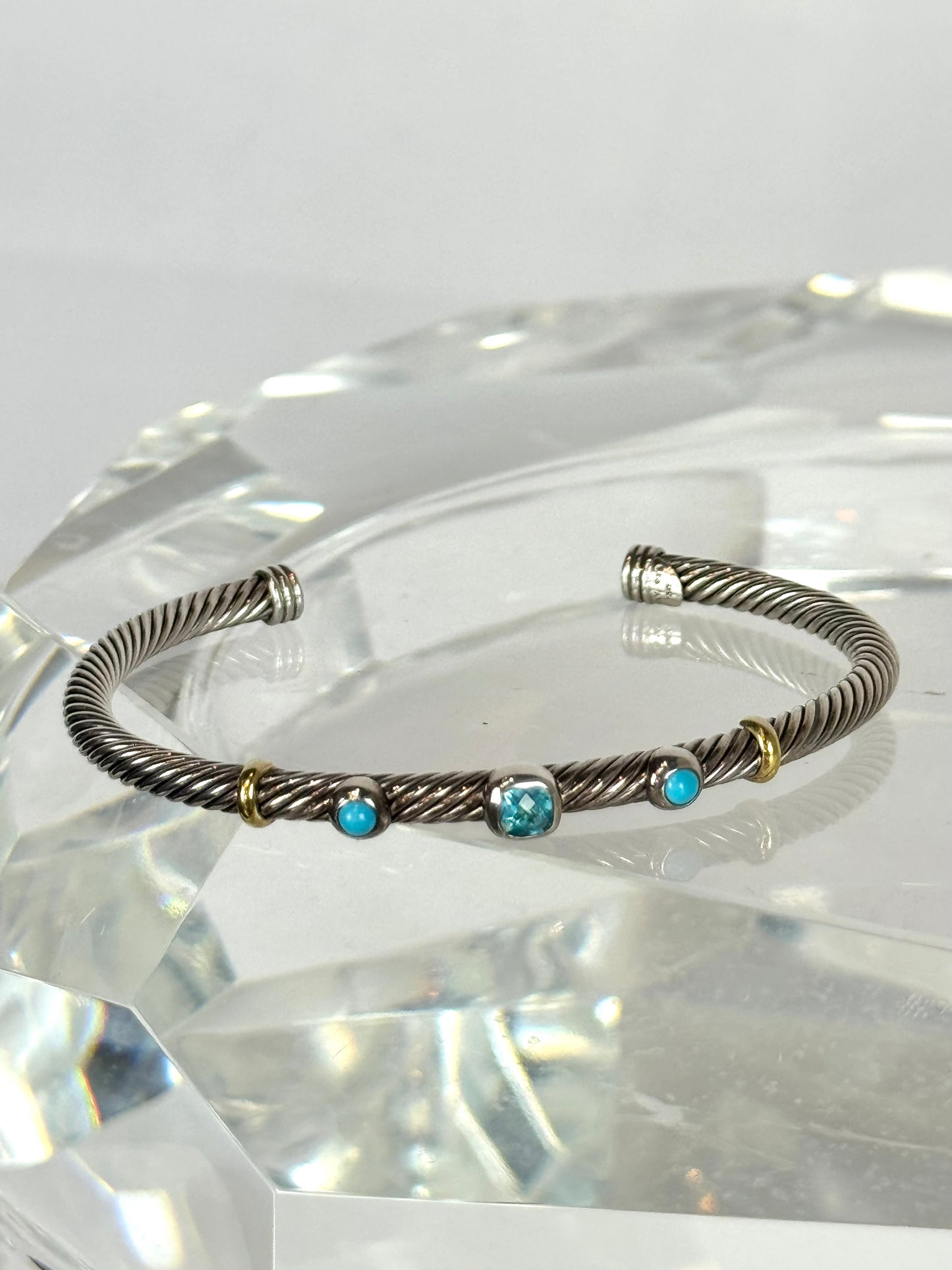 David Yurman Renaissance Blue Topaz Sterling Silver Cable Bracelet w/ 18K Gold Accents