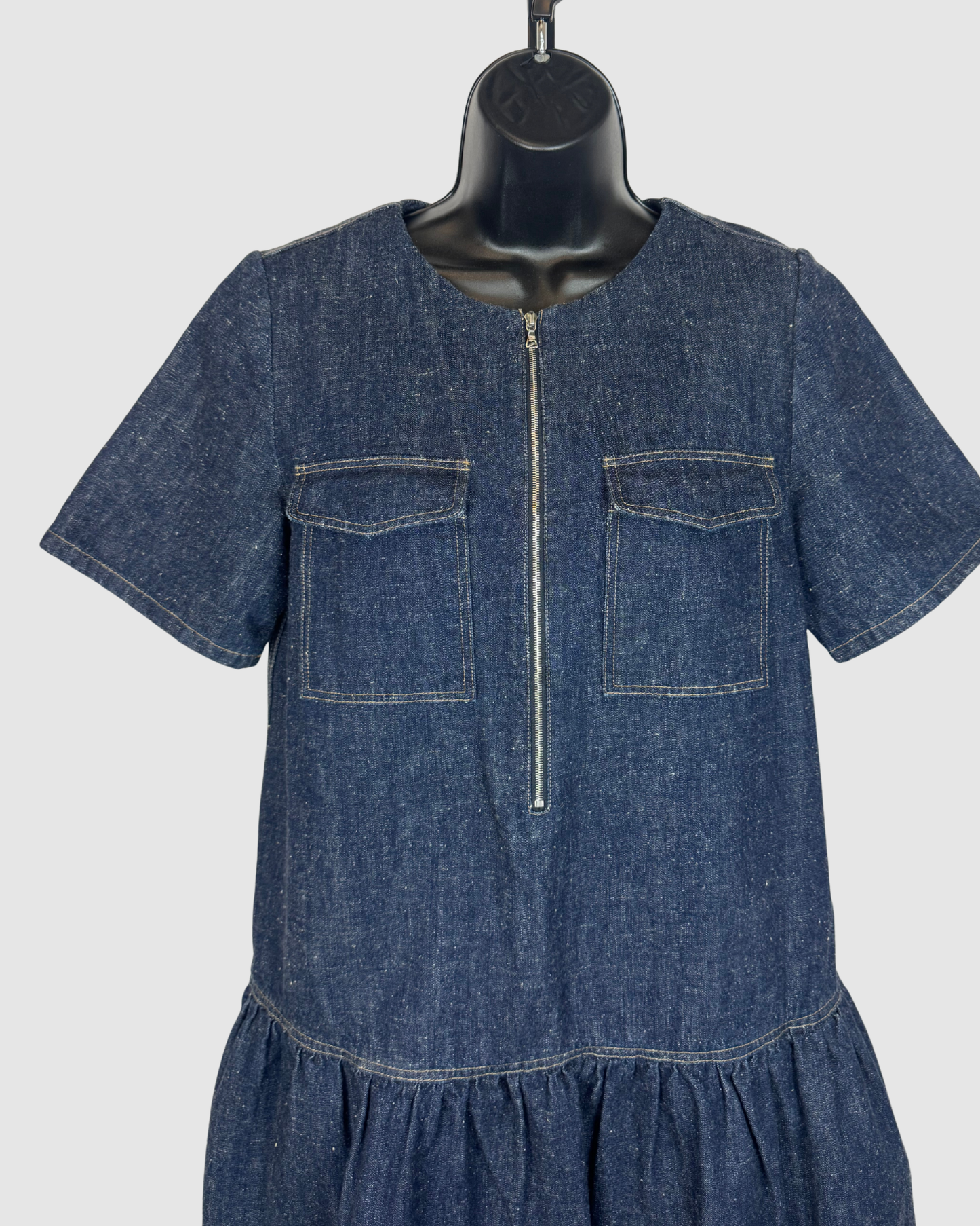SUNO Dark Denim Short Sleeve Double Breasted 1/2 Zip Ruffle Hem Mini Dress