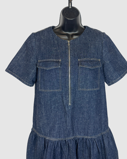 SUNO Dark Denim Short Sleeve Double Breasted 1/2 Zip Ruffle Hem Mini Dress