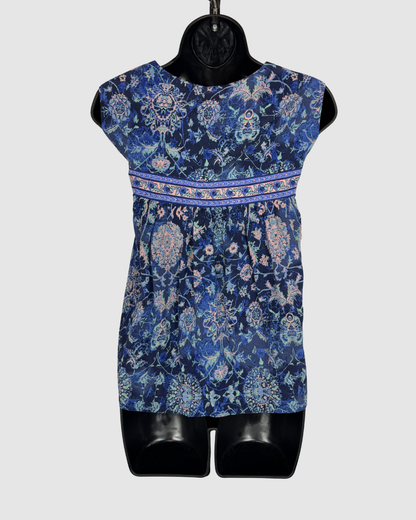 Rebecca Taylor Silk Blue & Purple Print Sleeveless Tie-Neck Blouse