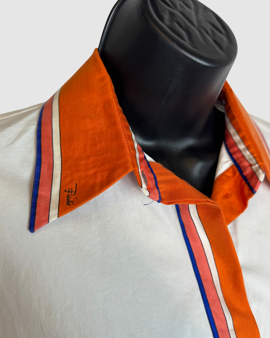 Emilio Pucci White w Orange Trim Collared Button Long Sleeve Blouse w Ruffle Hem