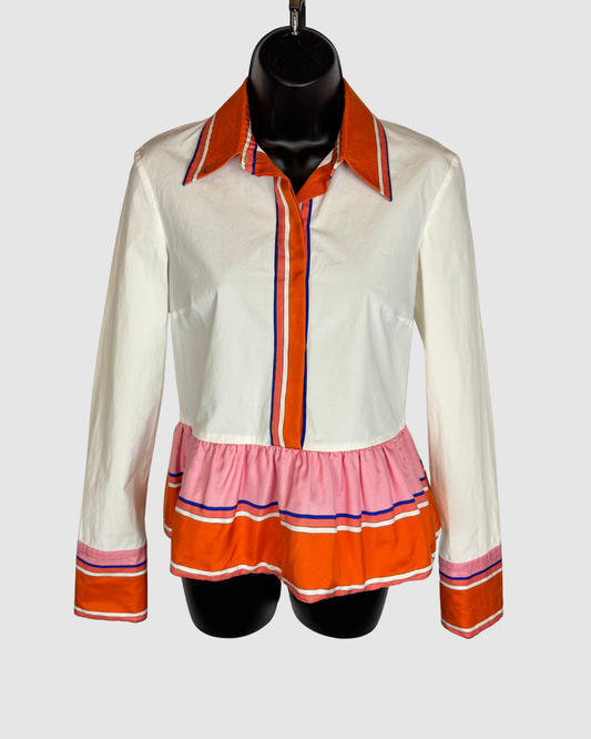 Emilio Pucci White w Orange Trim Collared Button Long Sleeve Blouse w Ruffle Hem