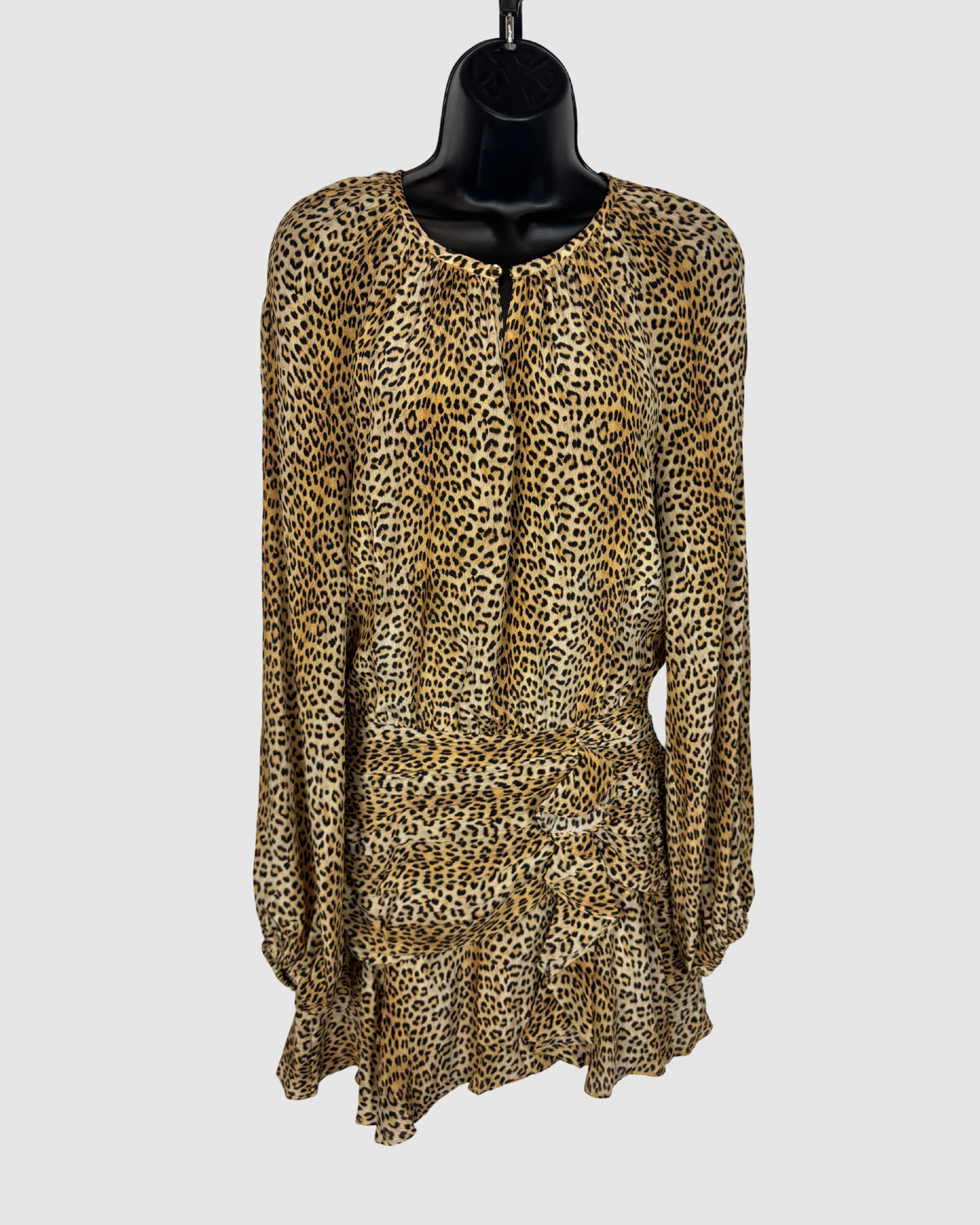 Silk Leopard Print Long Sleeve Ruched & Ruffle Hem Knee-Length Dress