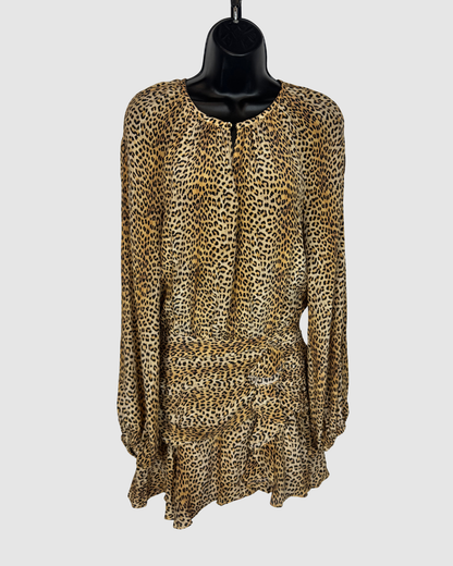 Silk Leopard Print Long Sleeve Ruched & Ruffle Hem Knee-Length Dress