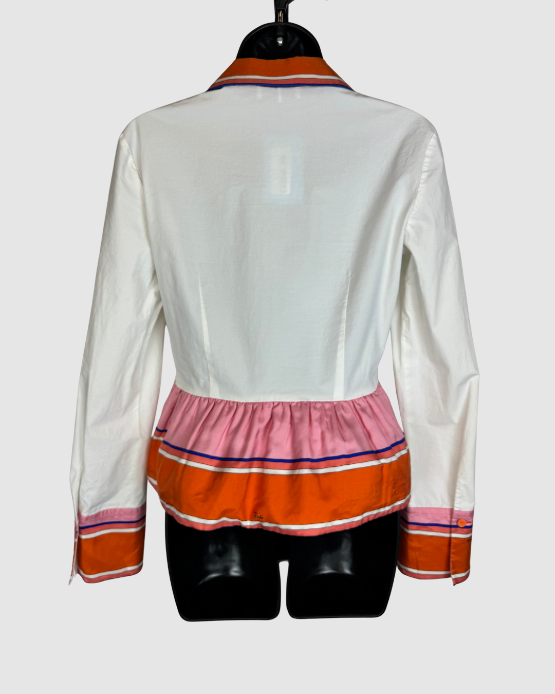 Emilio Pucci White w Orange Trim Collared Button Long Sleeve Blouse w Ruffle Hem