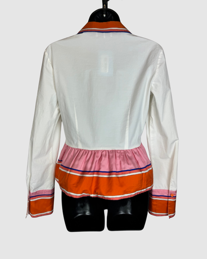 Emilio Pucci White w Orange Trim Collared Button Long Sleeve Blouse w Ruffle Hem