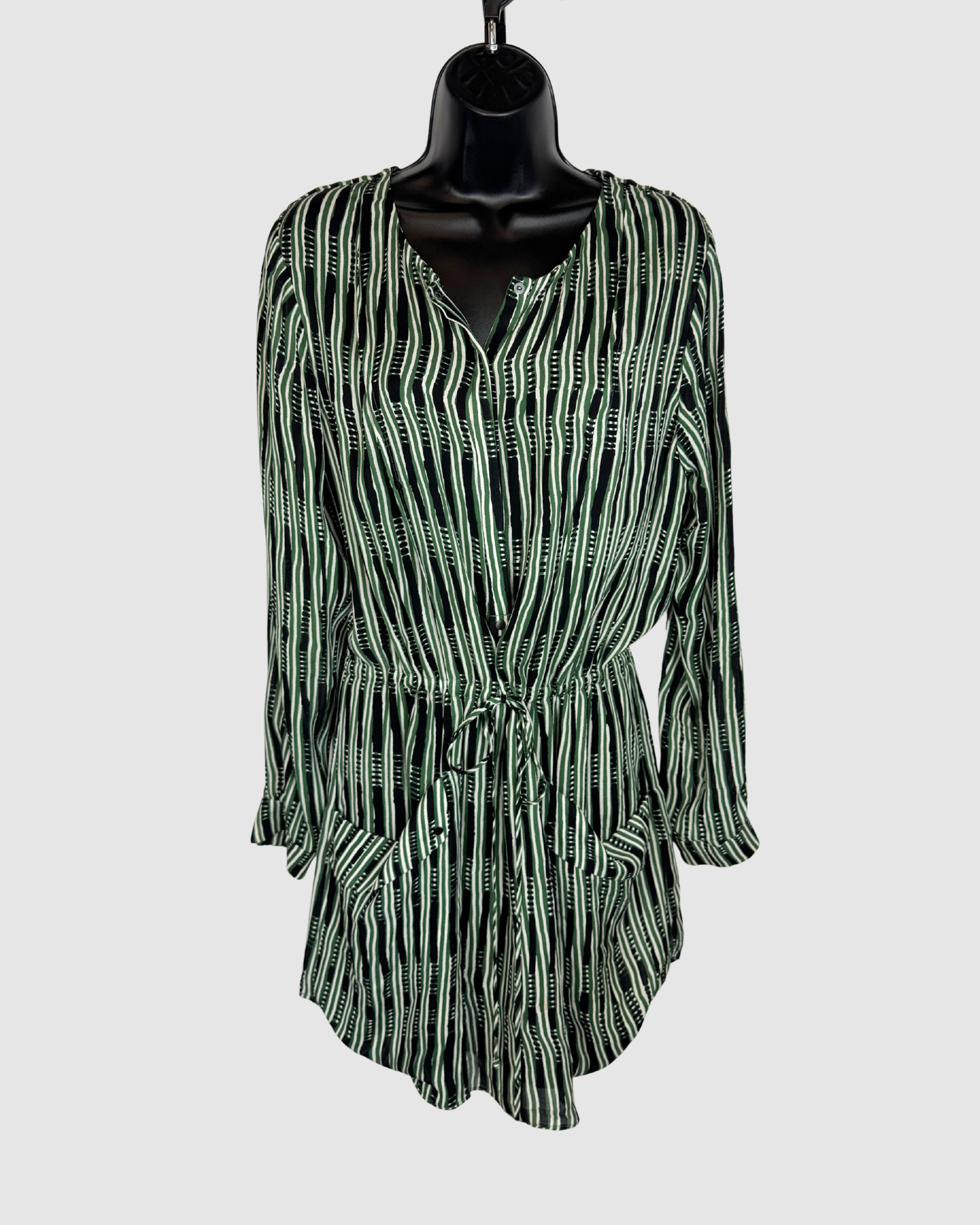 ALC Silk Black & Green Striped Long Sleeve Romper