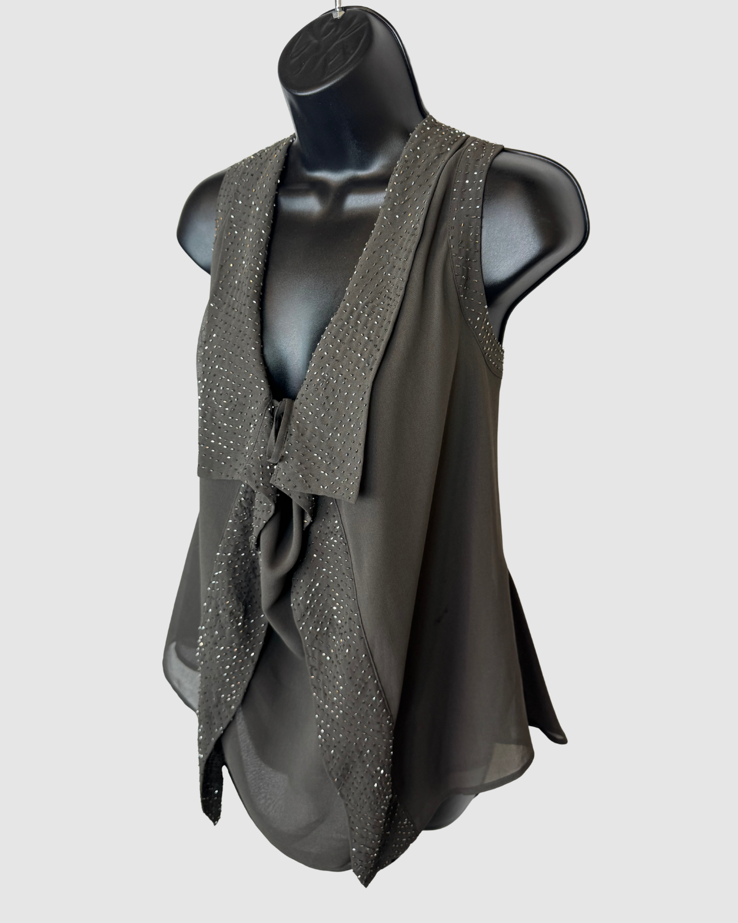 Robbi & Nikki Grey Beaded Tie-Front Asymmetrical Drape Sleeveless Top