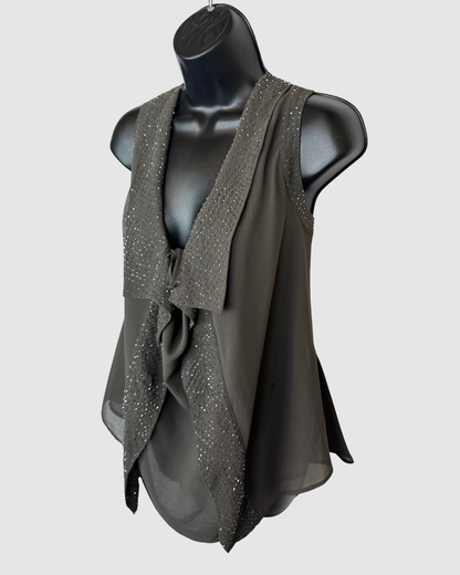 Robbi & Nikki Grey Beaded Tie-Front Asymmetrical Drape Sleeveless Top
