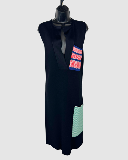 Celine Black Wool 2 Printed Pocket V-Neck Sleeveless Fitted Midi Dress