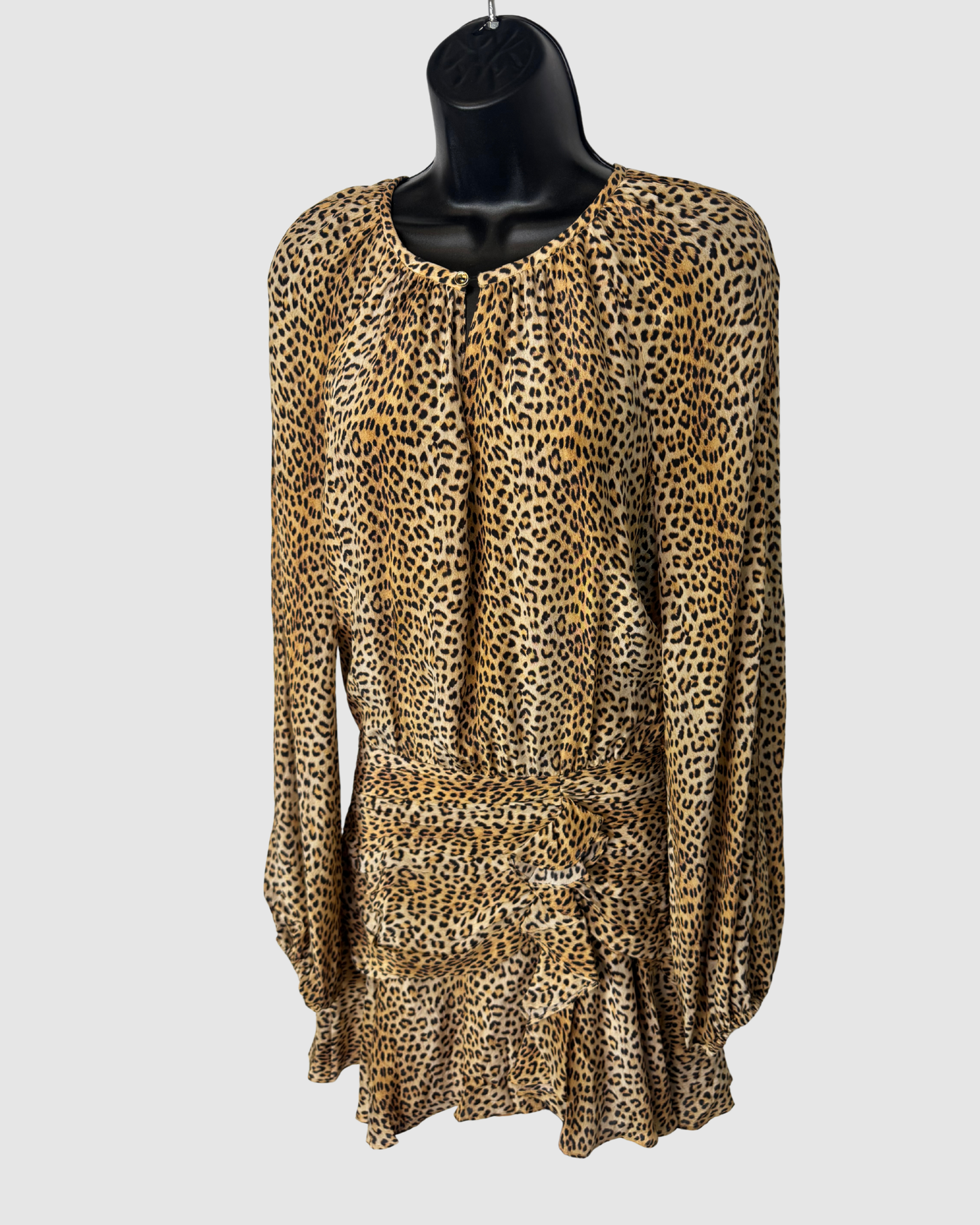 Silk Leopard Print Long Sleeve Ruched & Ruffle Hem Knee-Length Dress