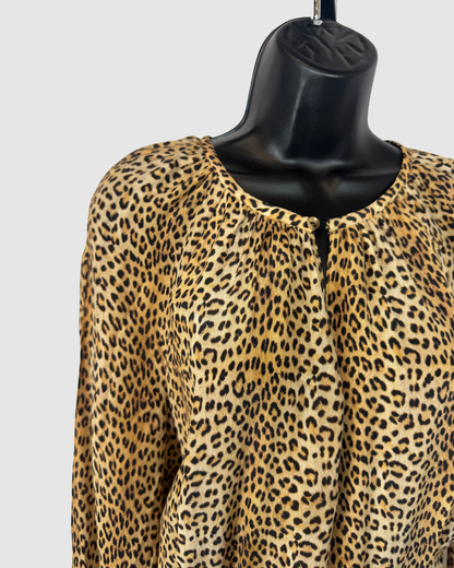 Silk Leopard Print Long Sleeve Ruched & Ruffle Hem Knee-Length Dress