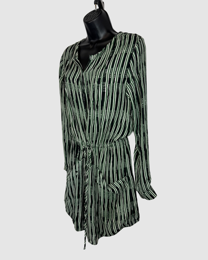 ALC Silk Black & Green Striped Long Sleeve Romper