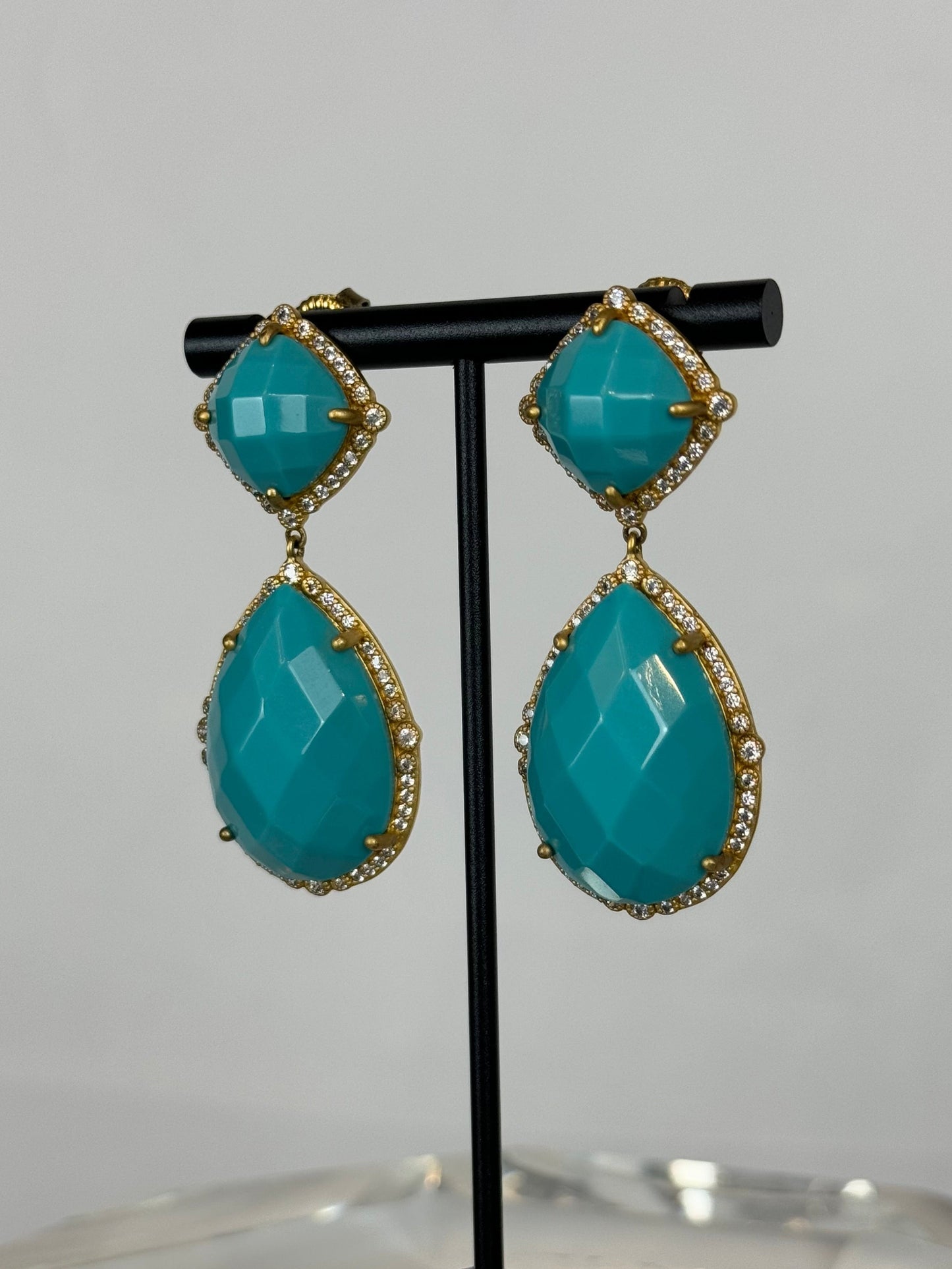 Freida Rothman Aqua 2 Tier Drop Earrings w Diamond & Gold Detail