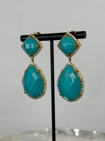 Freida Rothman Aqua 2 Tier Drop Earrings w Diamond & Gold Detail