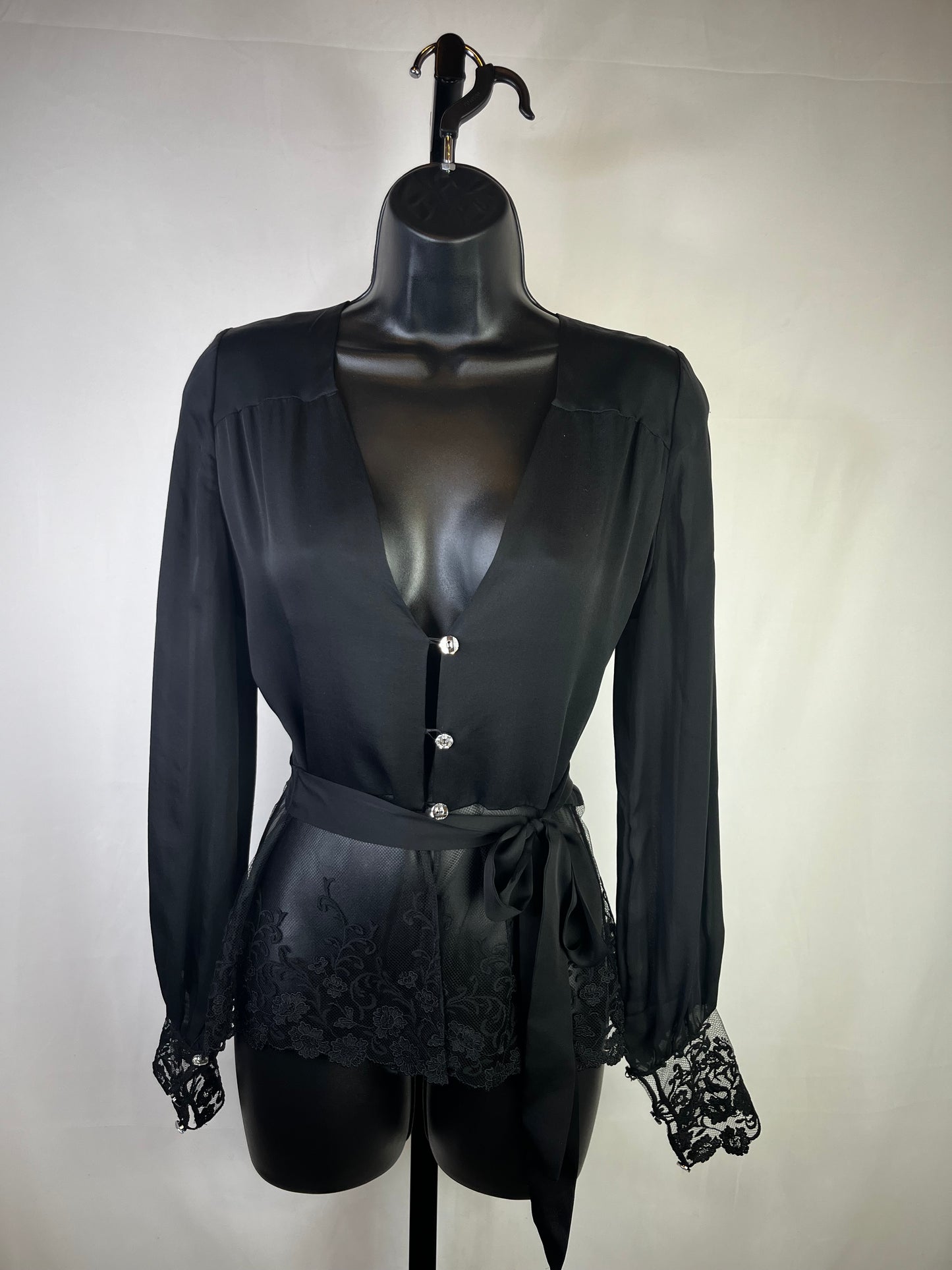 Andres Sarda Silk Black Lace Trim Crystal Button Long Sleeve Blouse w Waist Tie