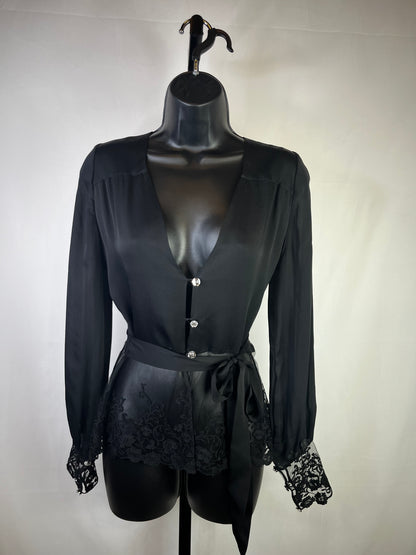 Andres Sarda Silk Black Lace Trim Crystal Button Long Sleeve Blouse w Waist Tie