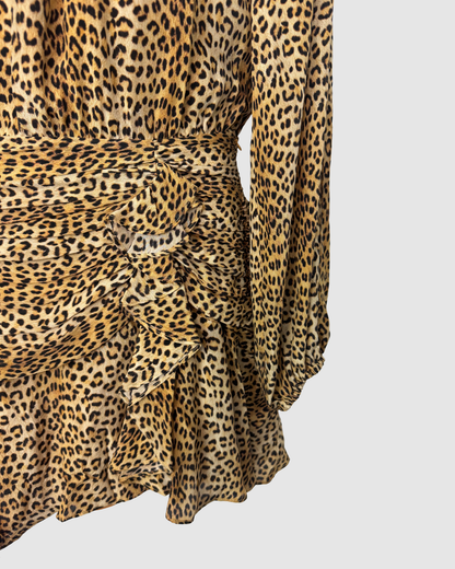 Silk Leopard Print Long Sleeve Ruched & Ruffle Hem Knee-Length Dress