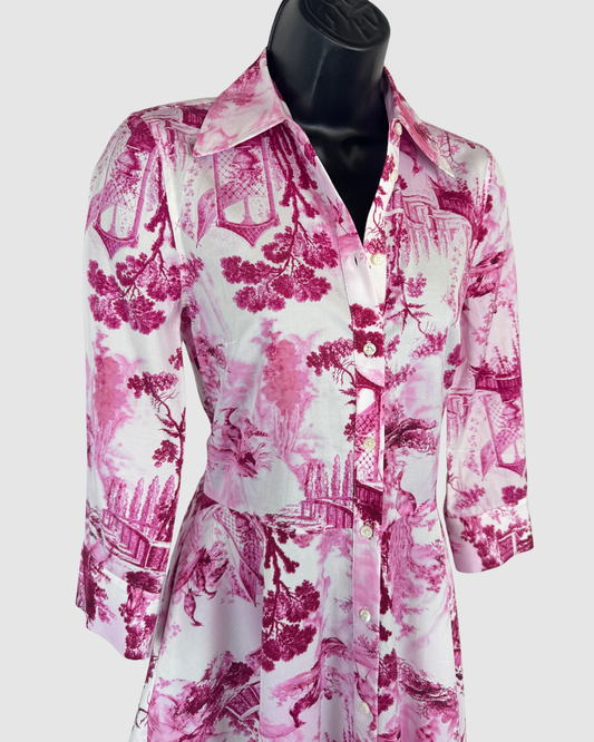 L'agence Pink White Print Long Sleeve Button Up Fit & Flare Mini Dress