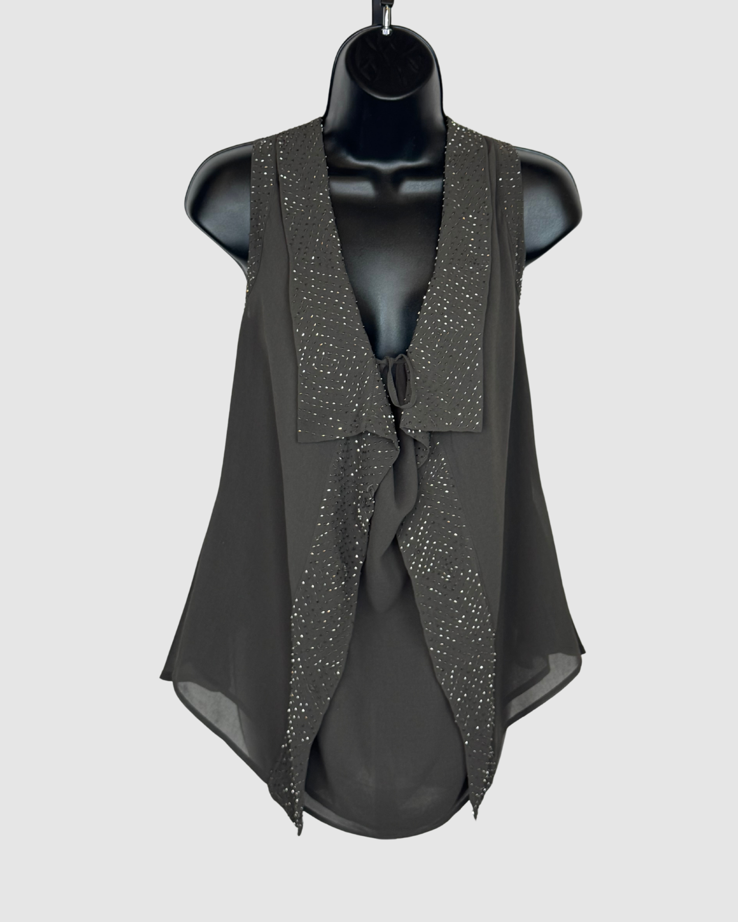 Robbi & Nikki Grey Beaded Tie-Front Asymmetrical Drape Sleeveless Top