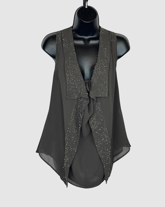 Robbi & Nikki Grey Beaded Tie-Front Asymmetrical Drape Sleeveless Top