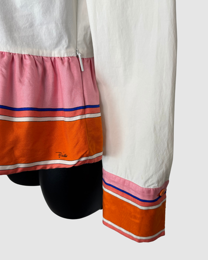 Emilio Pucci White w Orange Trim Collared Button Long Sleeve Blouse w Ruffle Hem