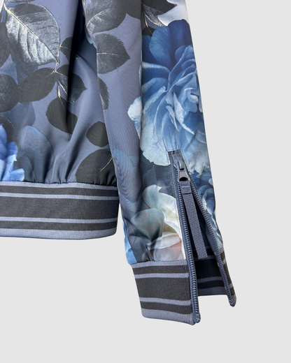 Johnny Was Active Dusty Blue Floral Zip-Up Bomber Jacket w Zip Pockets