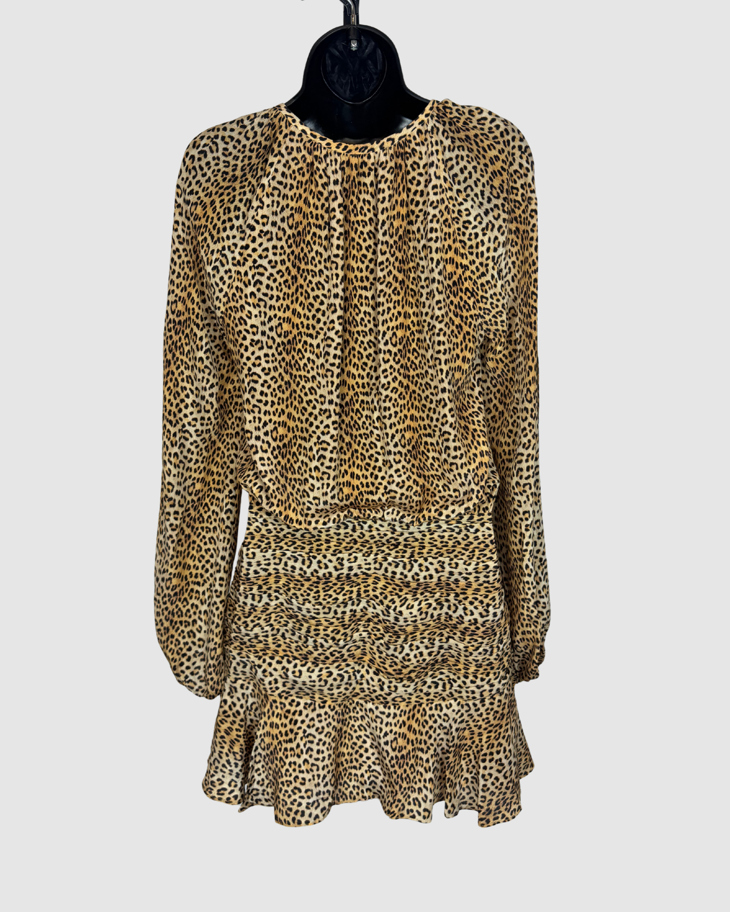 Silk Leopard Print Long Sleeve Ruched & Ruffle Hem Knee-Length Dress
