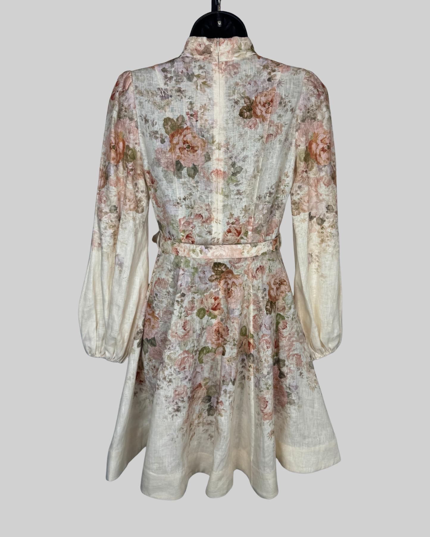 Zimmermann White Light Pink Floral Long Sleeve Button Flare Mini Dress w Belt