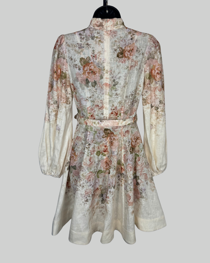 Zimmermann White Light Pink Floral Long Sleeve Button Flare Mini Dress w Belt