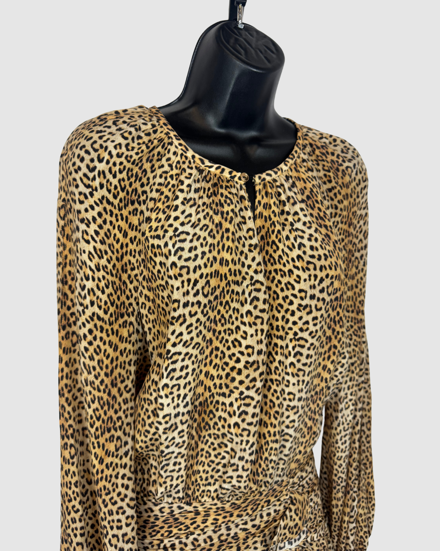 Silk Leopard Print Long Sleeve Ruched & Ruffle Hem Knee-Length Dress