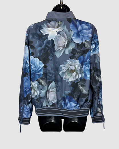 Johnny Was Active Dusty Blue Floral Zip-Up Bomber Jacket w Zip Pockets