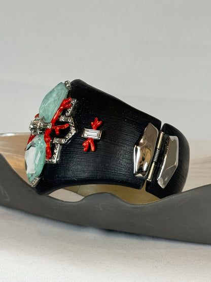 Alexis Bittar Black Matte Light Blue Red Crystal Cuff Bracelet (Matching Earrings)