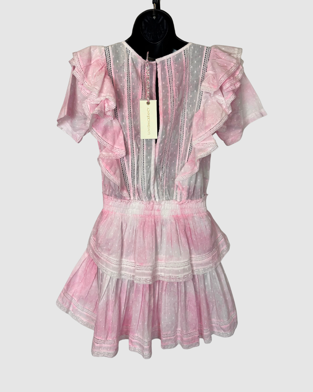 LoveShackFancy Pink White Tie-Dye Ruffle Short Sleeve Mini Dress NWT