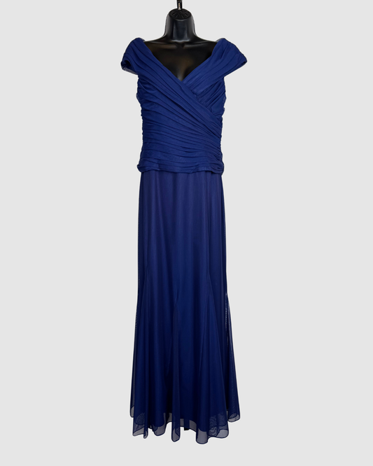 Alex Evenings Blue Pleated Ruched Cap-Sleeve V-Neck Gown