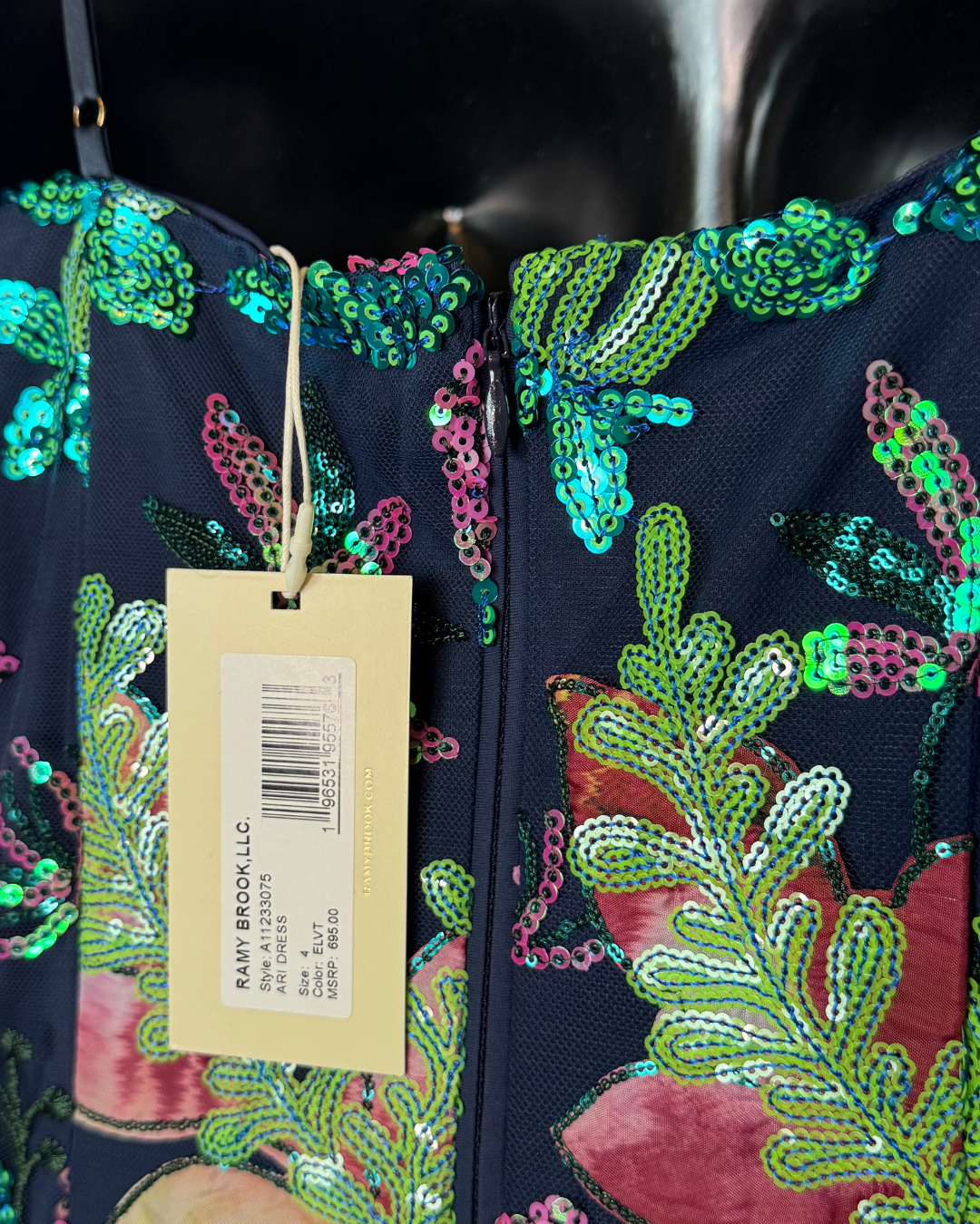 Ramy Brook Navy Mesh w/ Embroidered & Sequin Floral Print Spaghetti Strap Midi Dress NWT