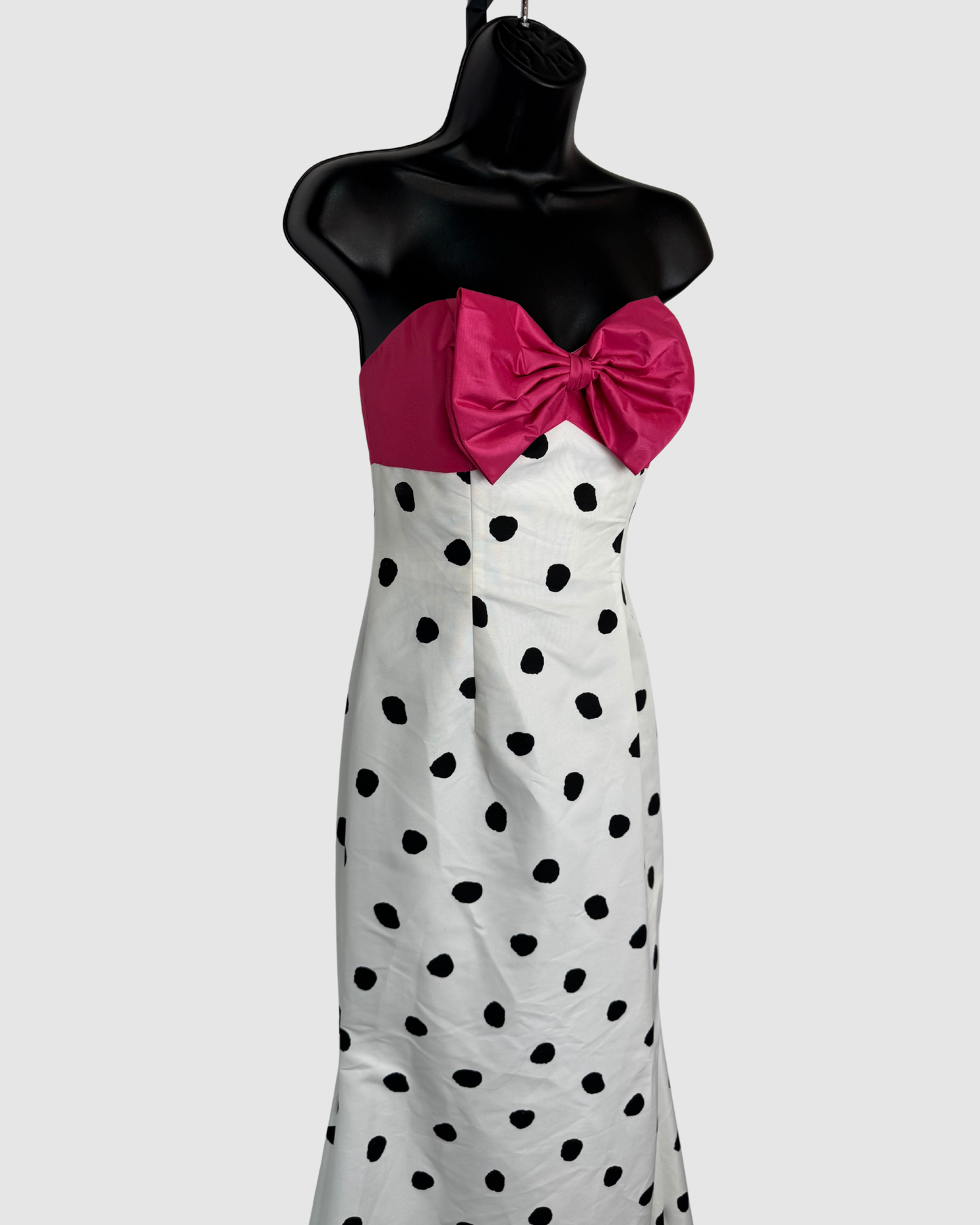 Jovani White Black Polka Dot Pink Bow Neckline Strapless Gown