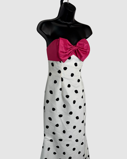 Jovani White Black Polka Dot Pink Bow Neckline Strapless Gown